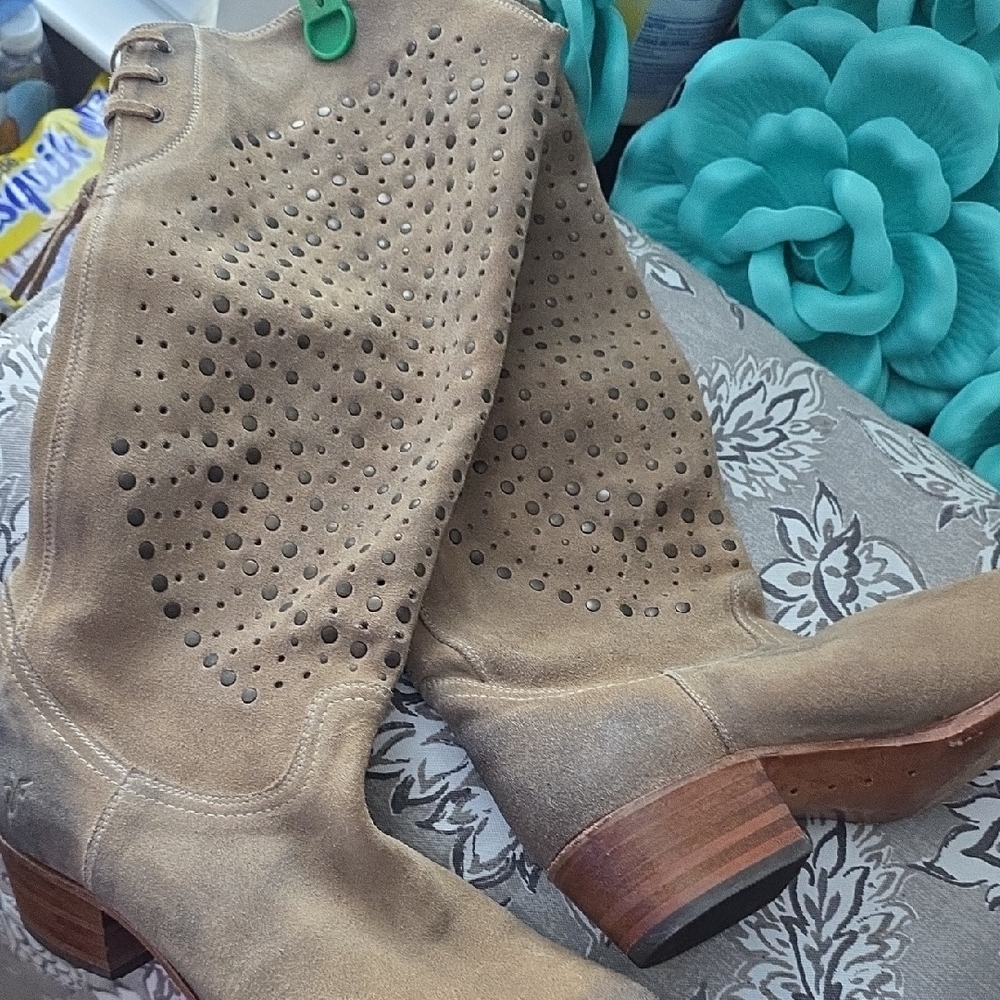 Frye Tan Perforated Suede Heeled Boots